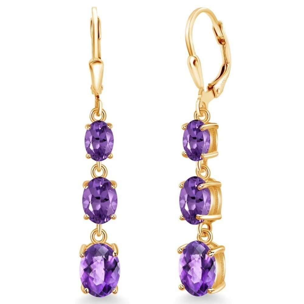 18K Yellow Gold with 4.70 Cttw 3 Stone Amethyst Dangling Leverback Drop Earrings